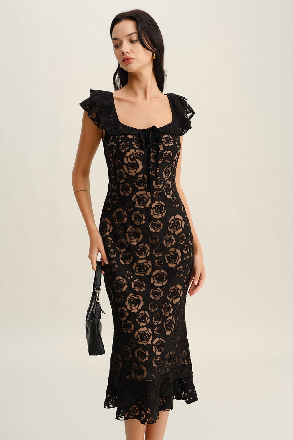 Mermaid Midi Dress with Textured Ruffle Hem for Cocktail Nights - 5