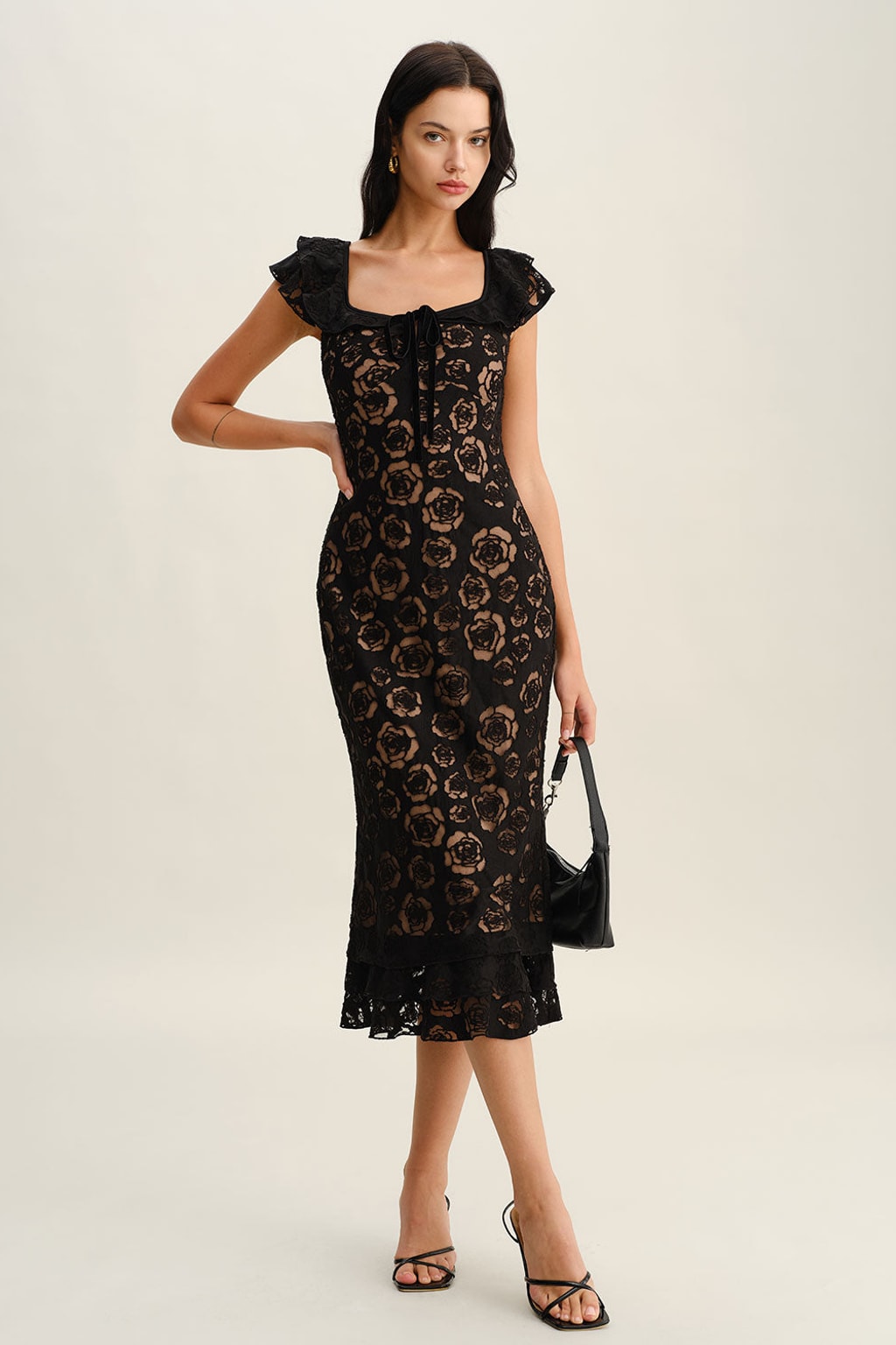 Mermaid Midi Dress with Textured Ruffle Hem for Cocktail Nights - 2