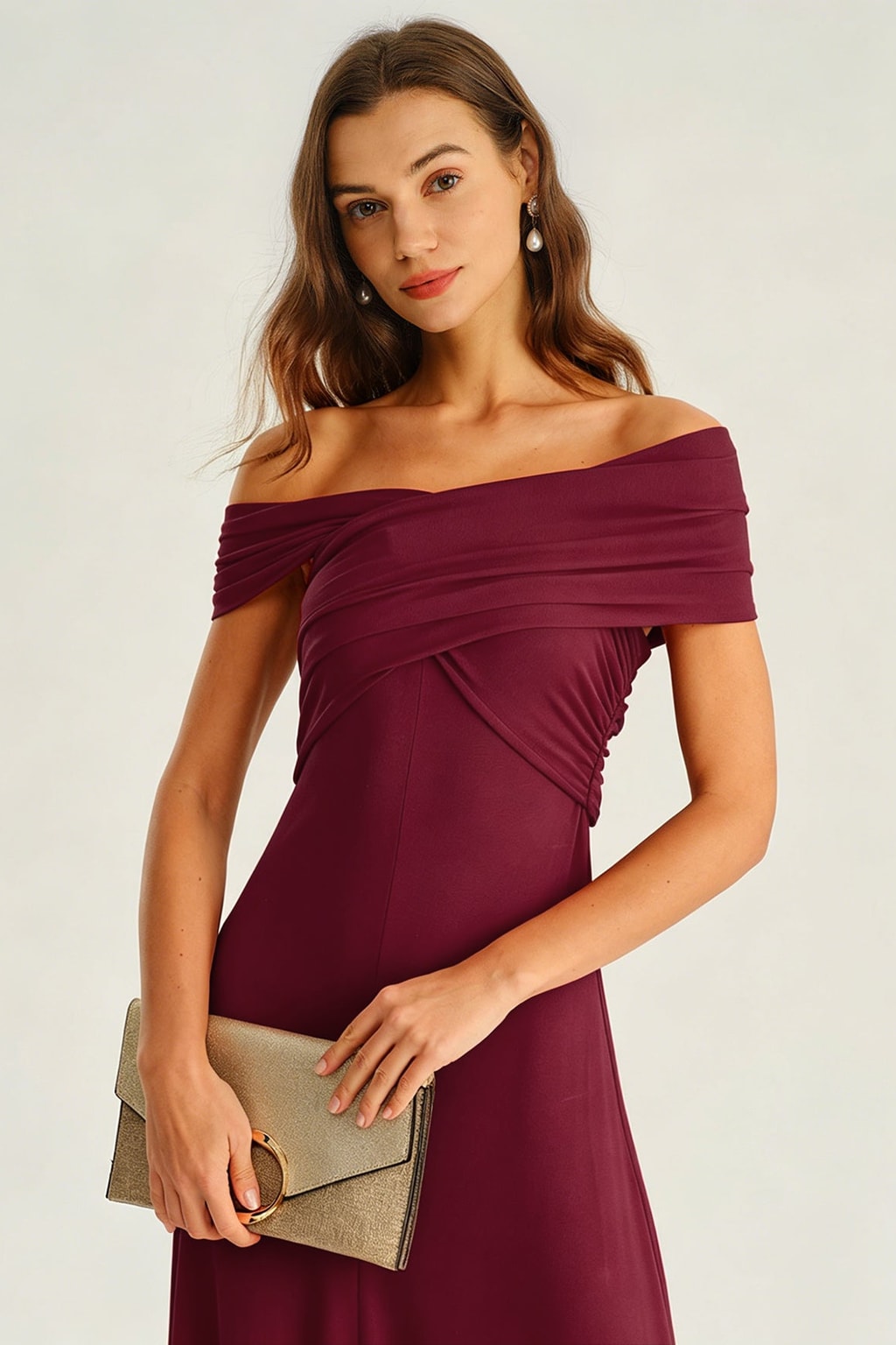 One Shoulder Ruched Midi Dress Wine Red A-Line - 3