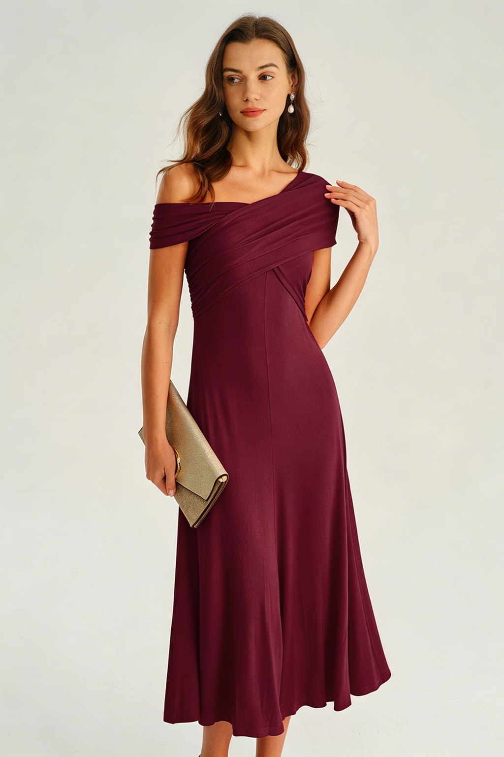 One Shoulder Ruched Midi Dress Wine Red A-Line - 5
