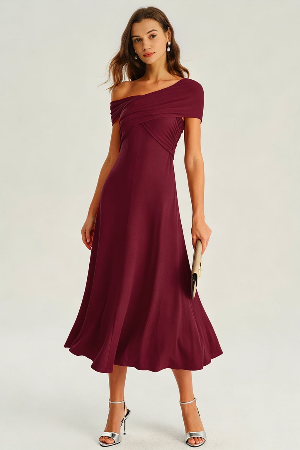 One Shoulder Ruched Midi Dress Wine Red A-Line - 2