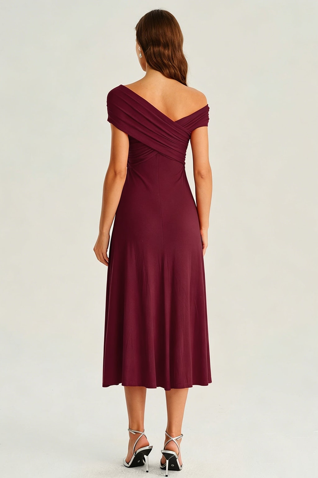One Shoulder Ruched Midi Dress Wine Red A-Line - 4