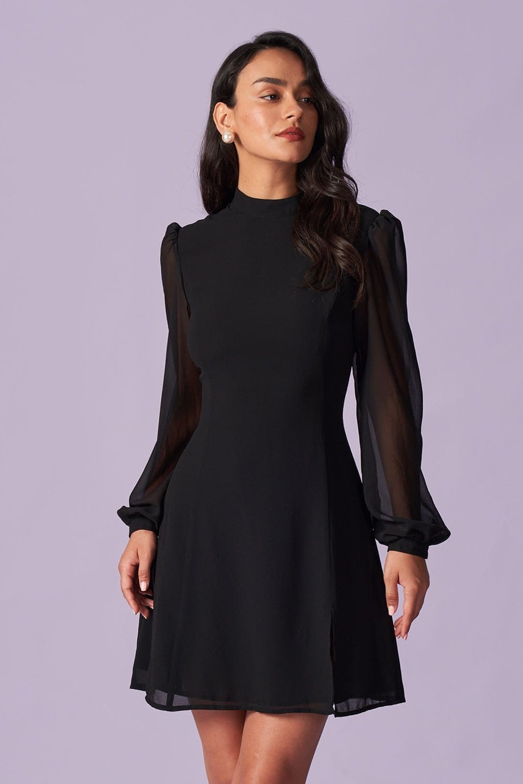 Sheer Slit Mini Dress With Long Sleeves And Mock Neck - 5