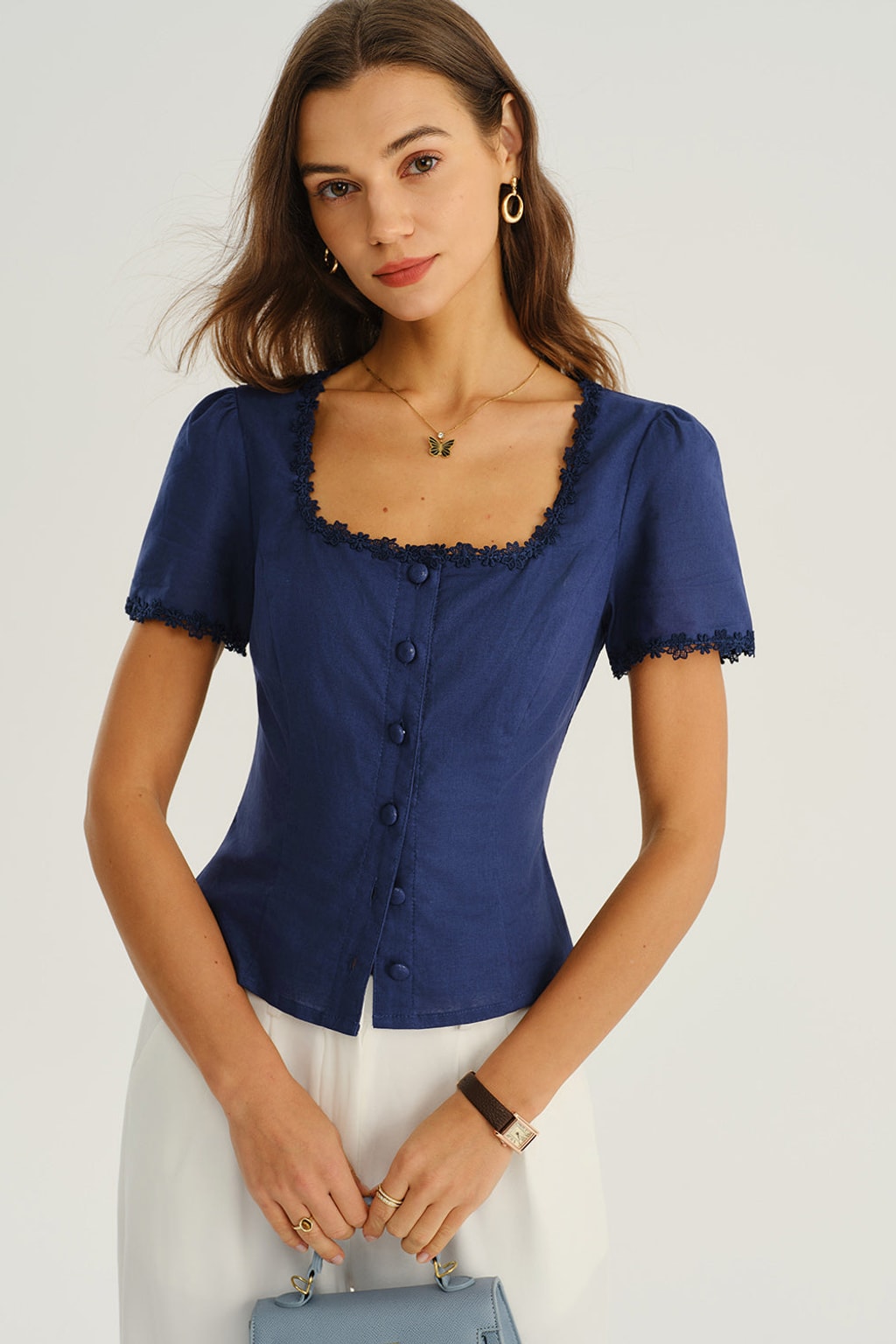 Square Neck Button-Front Blouse Breathable Cotton Linen - 2