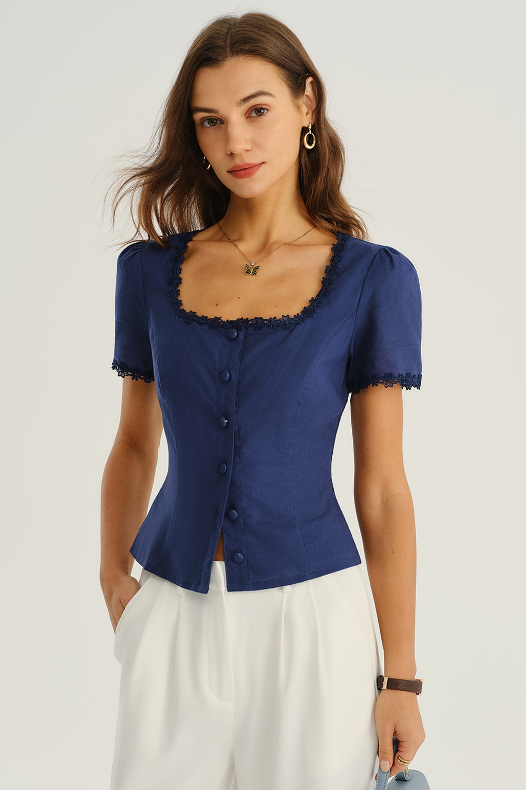 Square Neck Button-Front Blouse Breathable Cotton Linen - 5