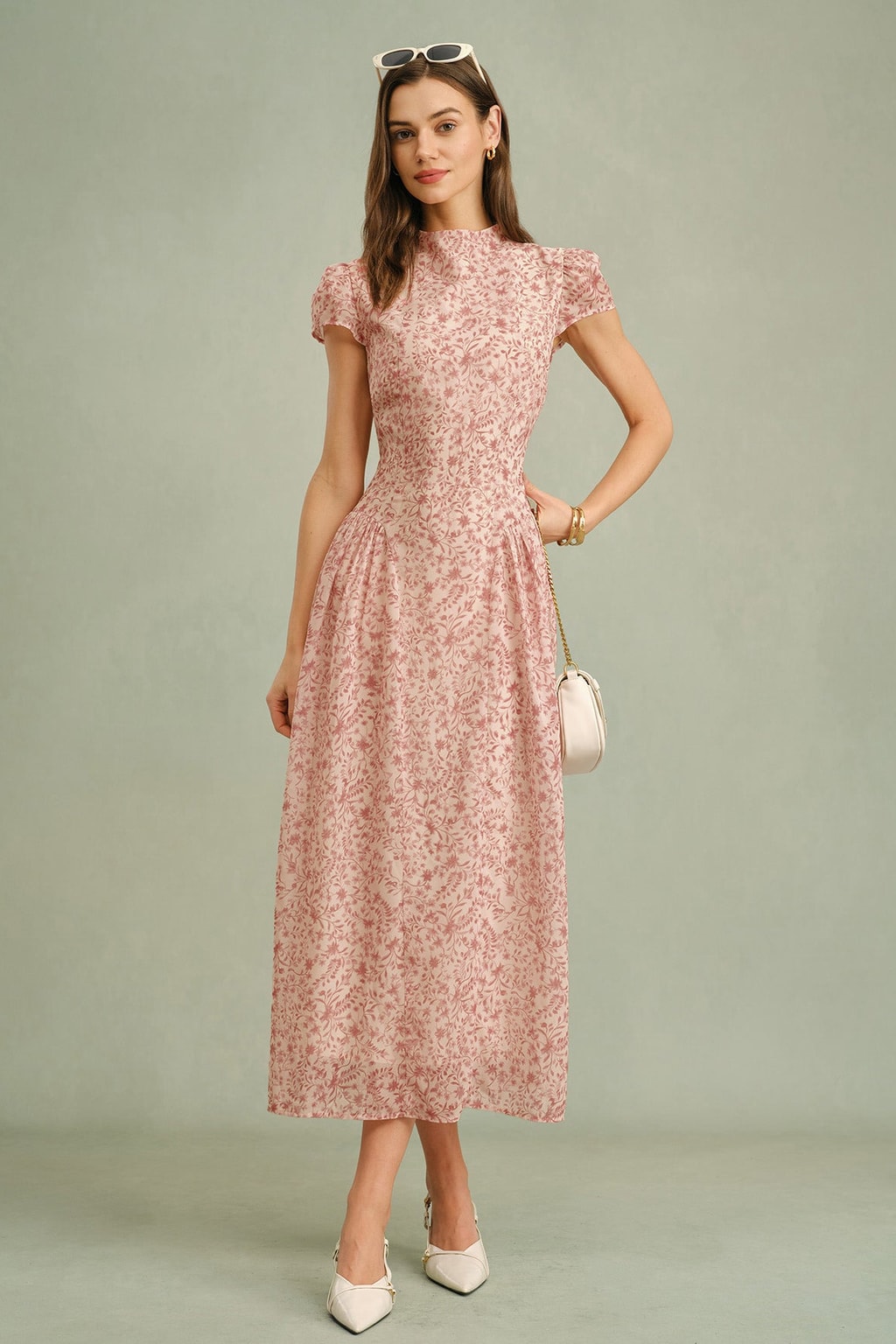 Floral Mock Neck Maxi Dress With Ruched Cap Sleeves - 2