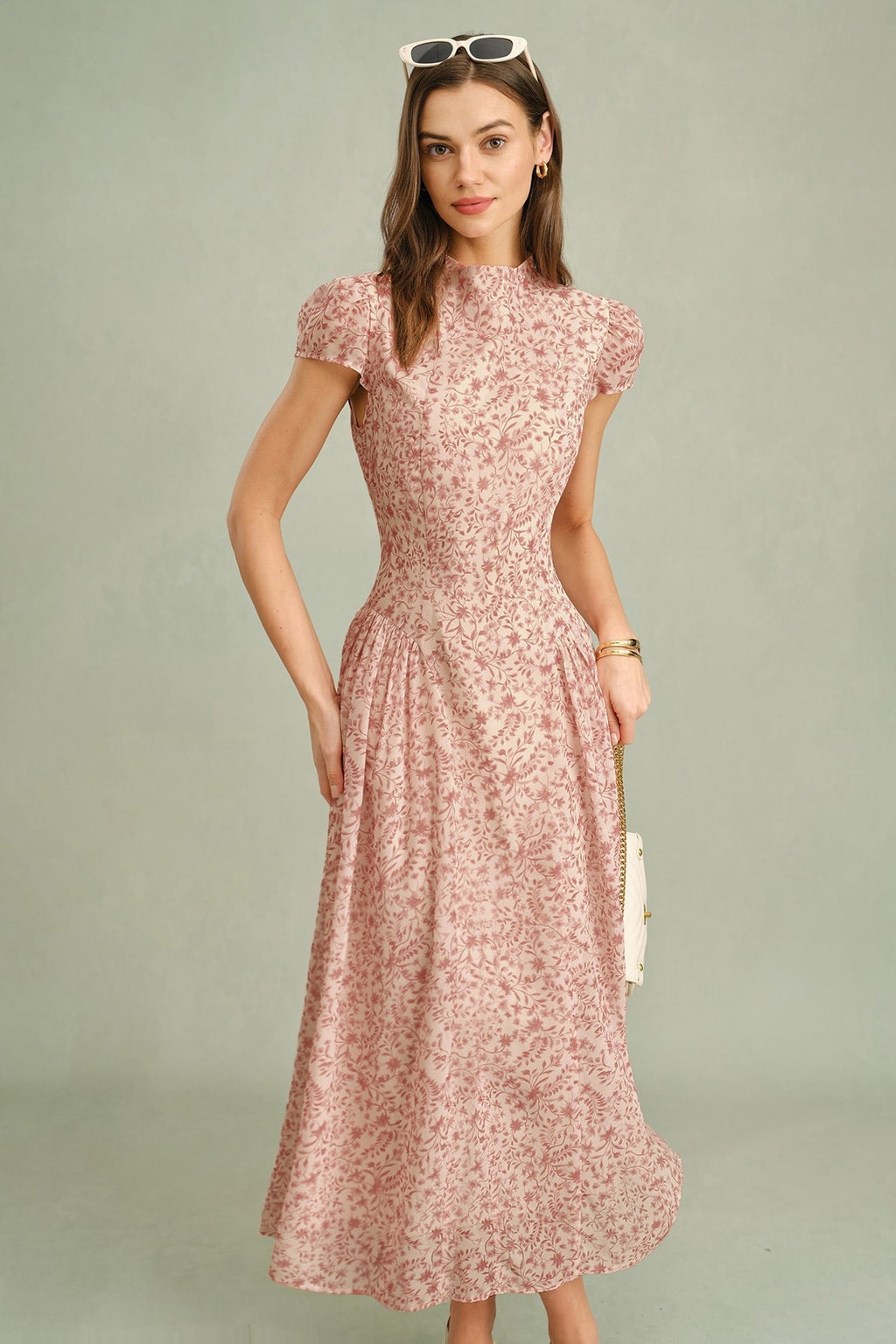 Floral Mock Neck Maxi Dress With Ruched Cap Sleeves - 5