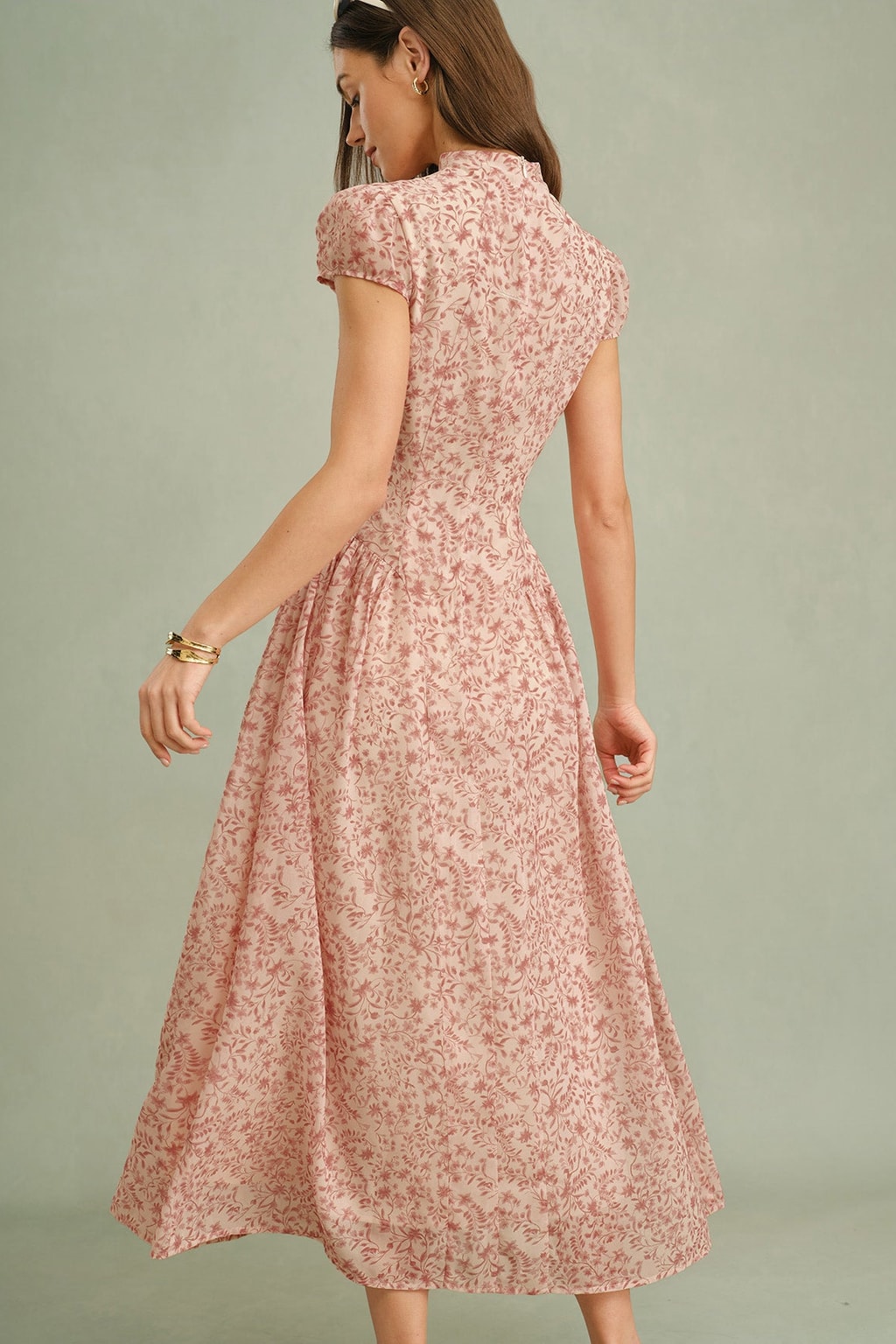 Floral Mock Neck Maxi Dress With Ruched Cap Sleeves - 4