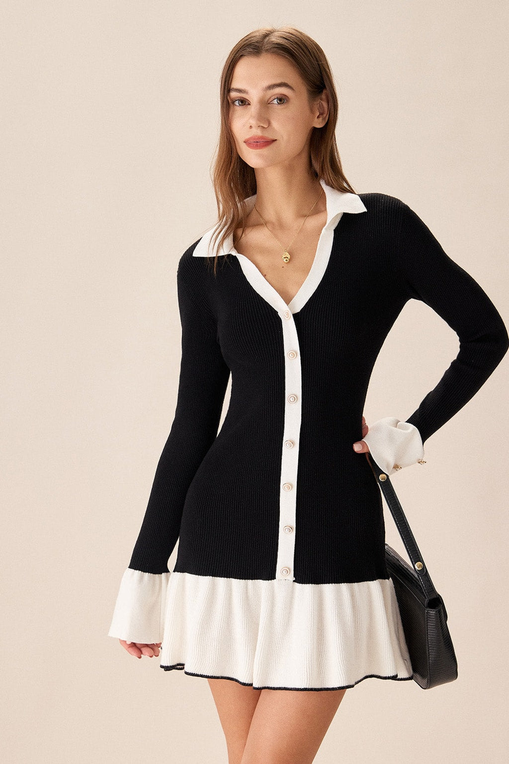 Bell Sleeve Sweater Dress Contrast Trim A-Line Mini Dress - 3