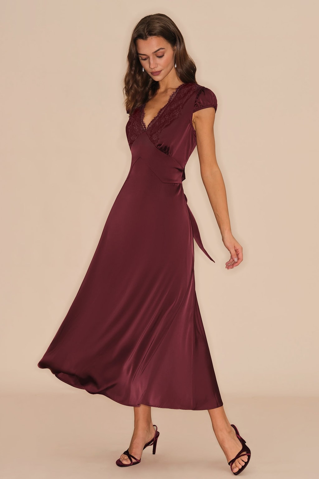 Wine Red V-Neck Lace Maxi Dress Flattering A-Line Fit - 5