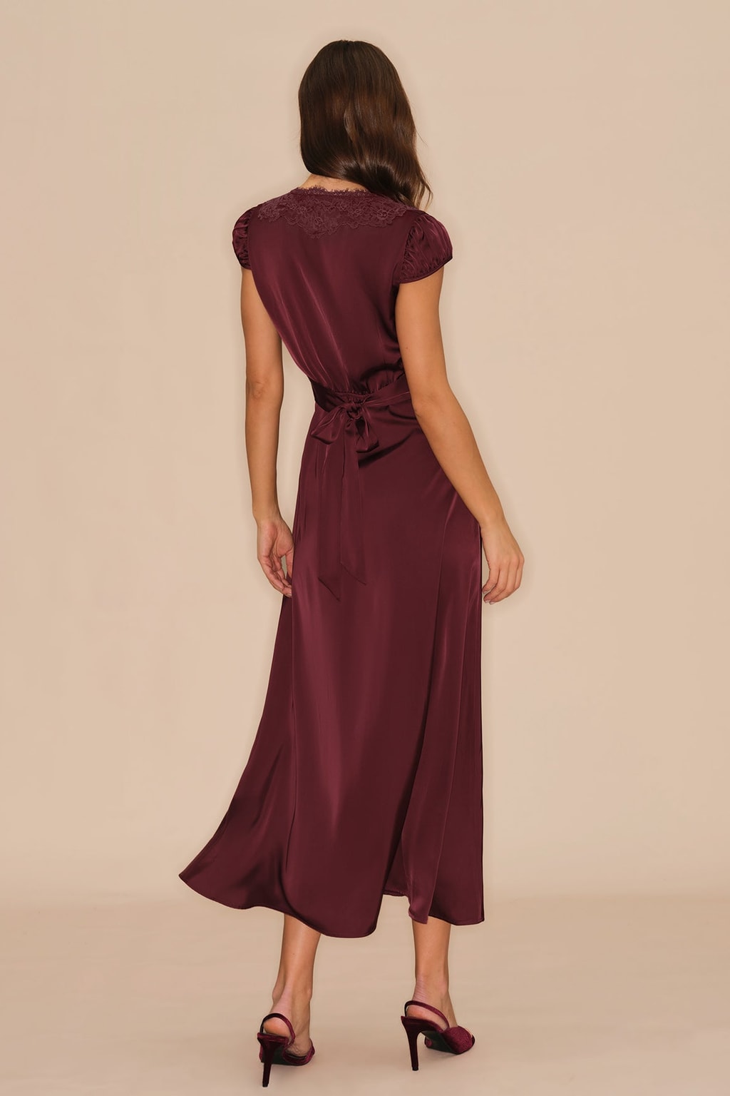 Wine Red V-Neck Lace Maxi Dress Flattering A-Line Fit - 4