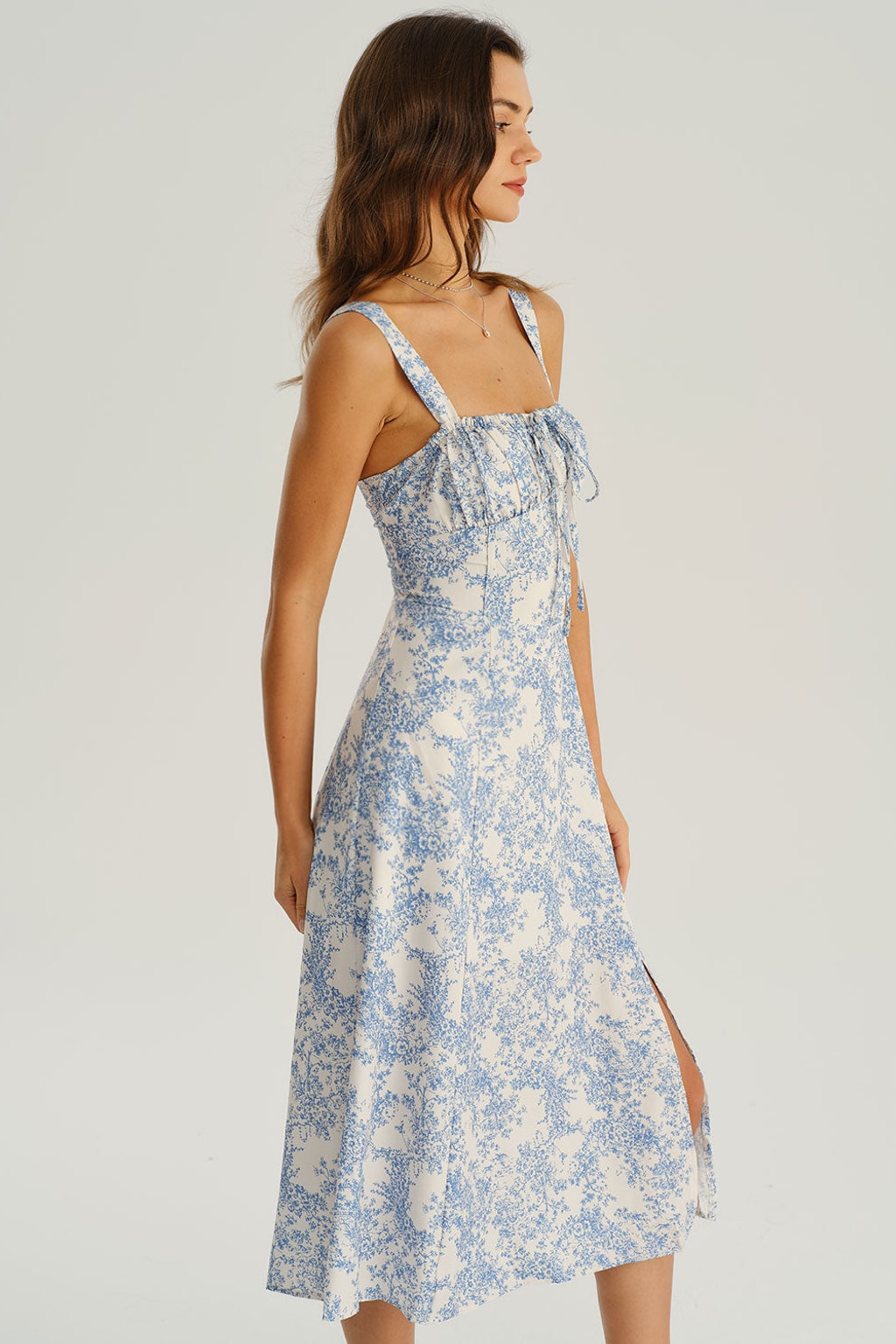 Blue Floral Slip Midi Dress With Ruched Bodice & Side Slit - 5