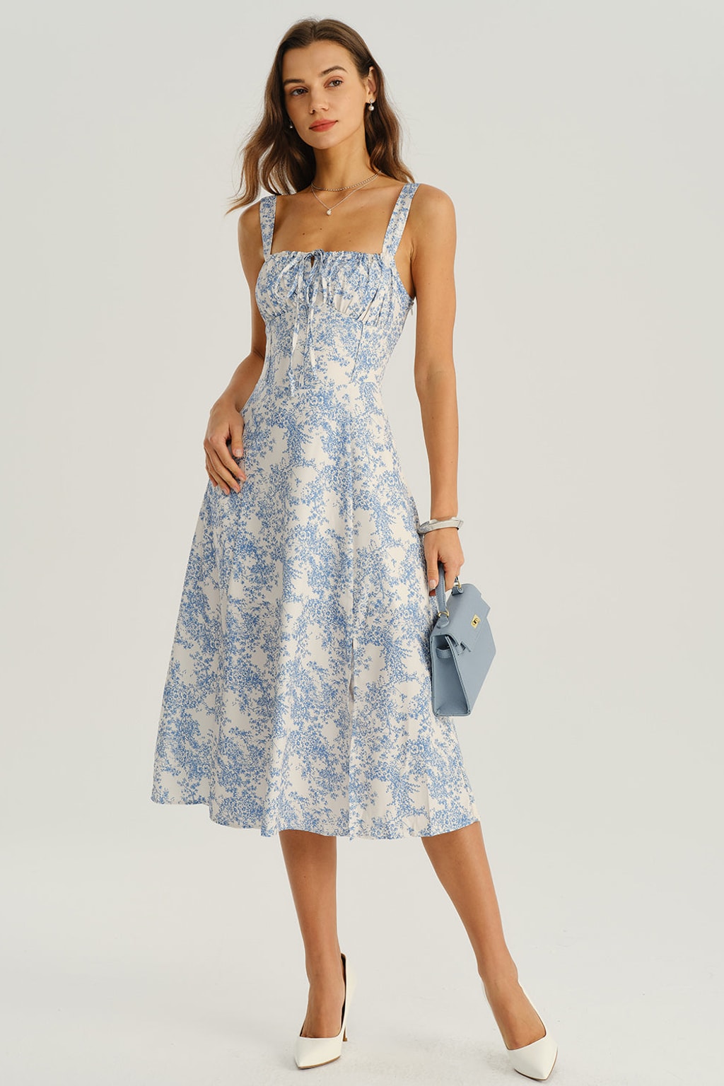 Blue Floral Slip Midi Dress With Ruched Bodice & Side Slit - 2
