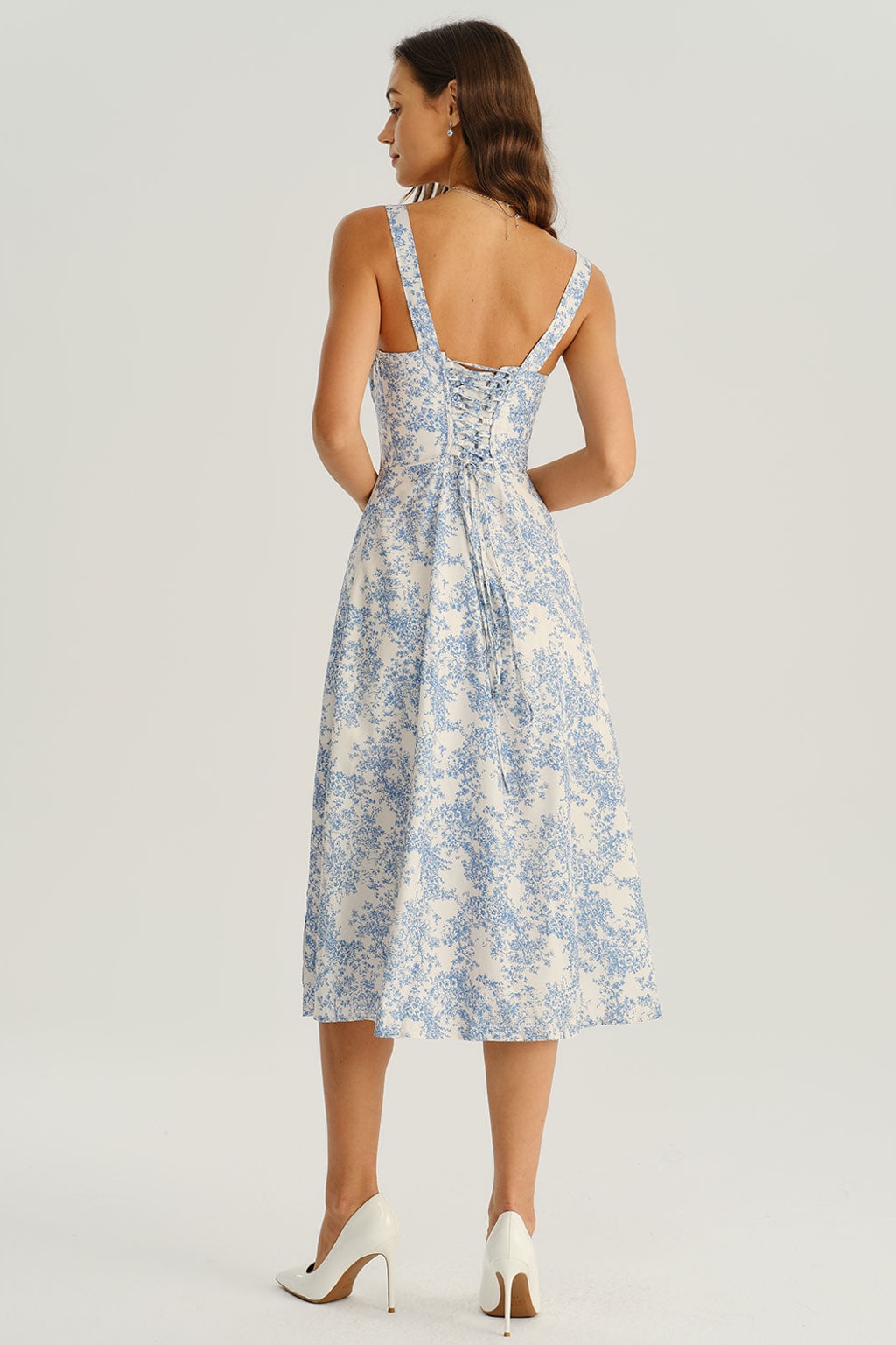Blue Floral Slip Midi Dress With Ruched Bodice & Side Slit - 4
