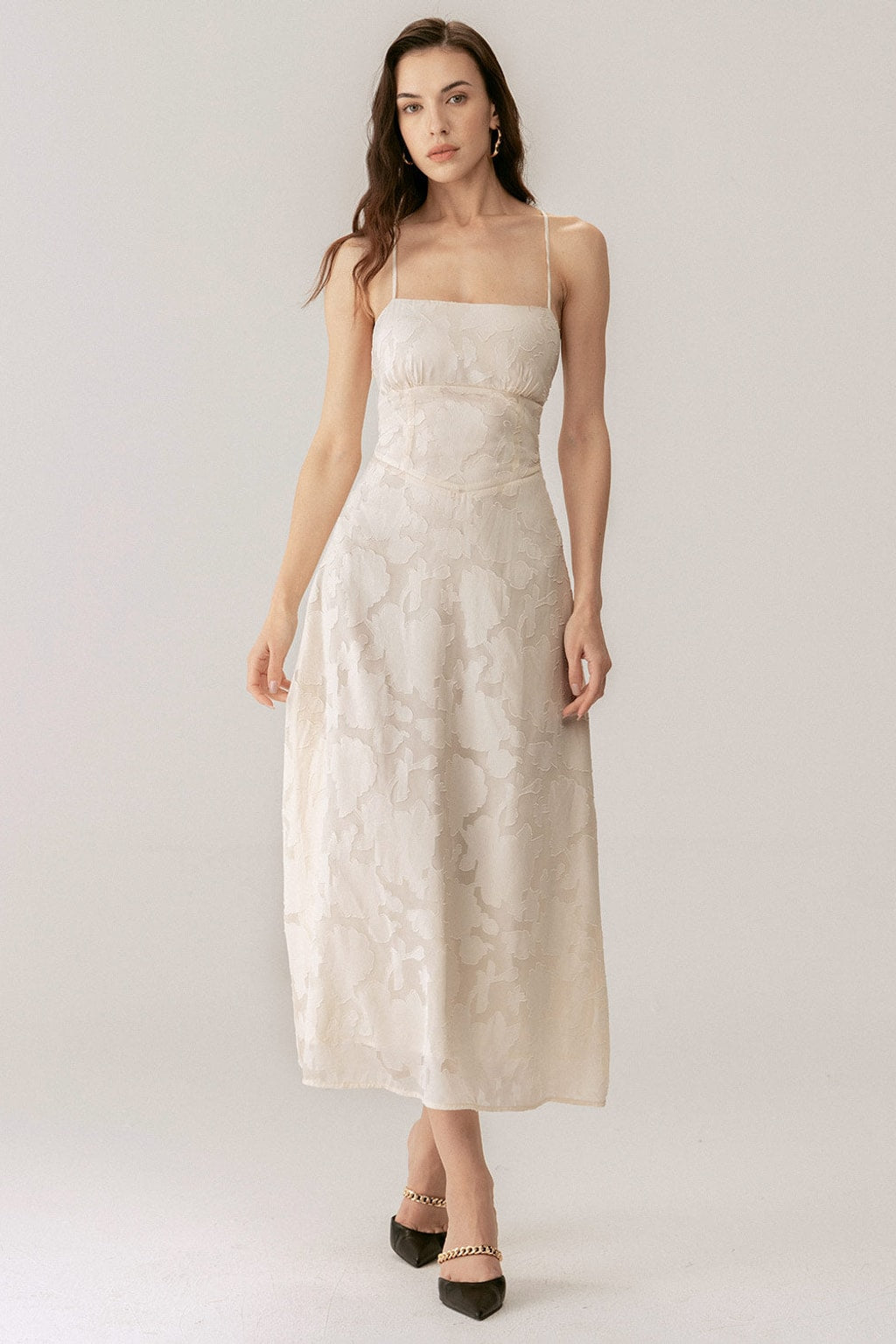 Apricot Jacquard Corset Maxi Dress With Structured Bodice - 2