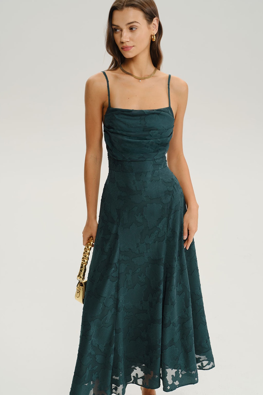 Green Jacquard A-Line Maxi Dress with Lace-Up Corset Back - 4