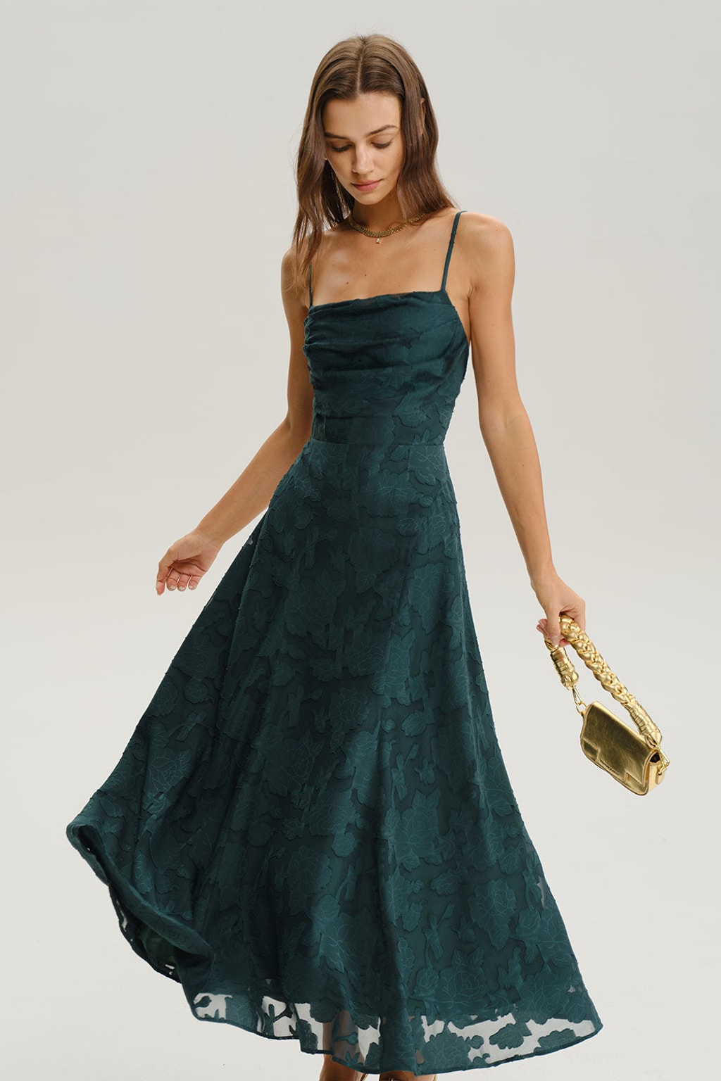 Green Jacquard A-Line Maxi Dress with Lace-Up Corset Back - 5