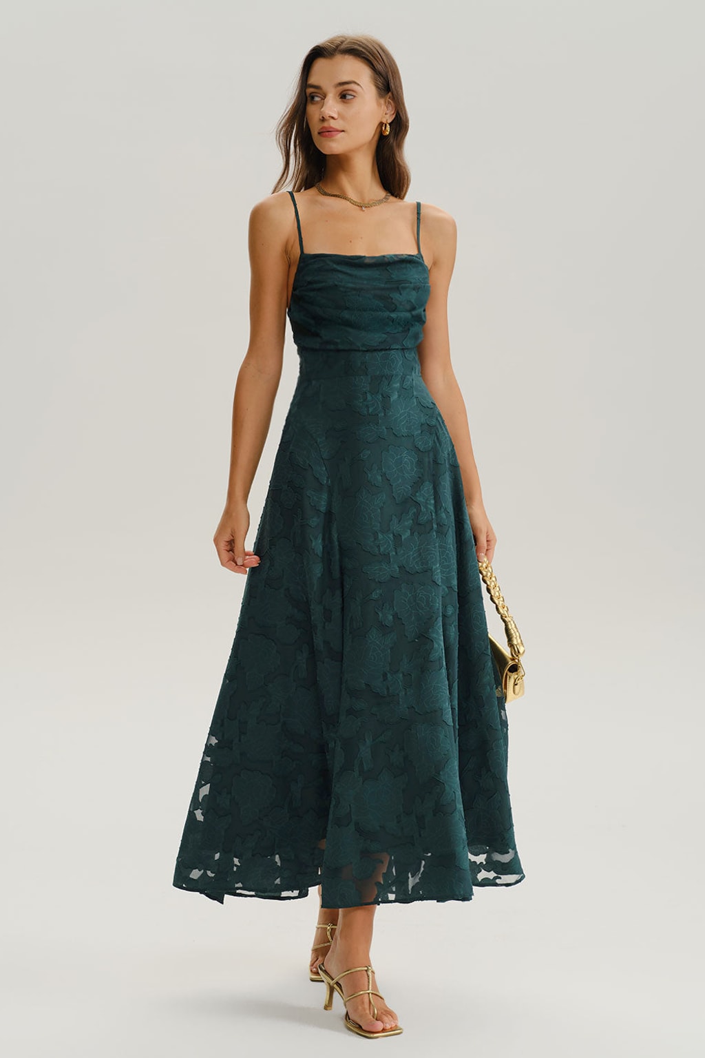 Green Jacquard A-Line Maxi Dress with Lace-Up Corset Back - 2