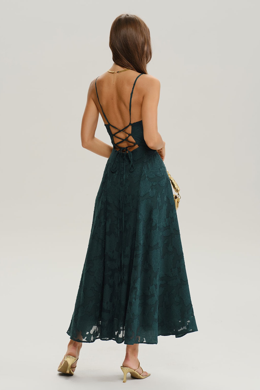 Green Jacquard A-Line Maxi Dress with Lace-Up Corset Back - 3