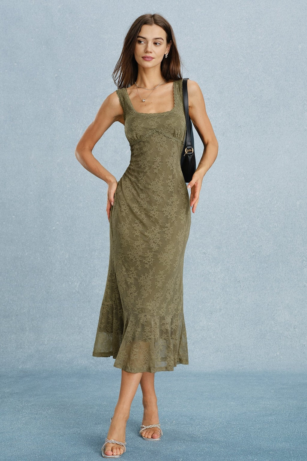 Green Floral Lace Midi Dress Square Neck Sleeveless - 2