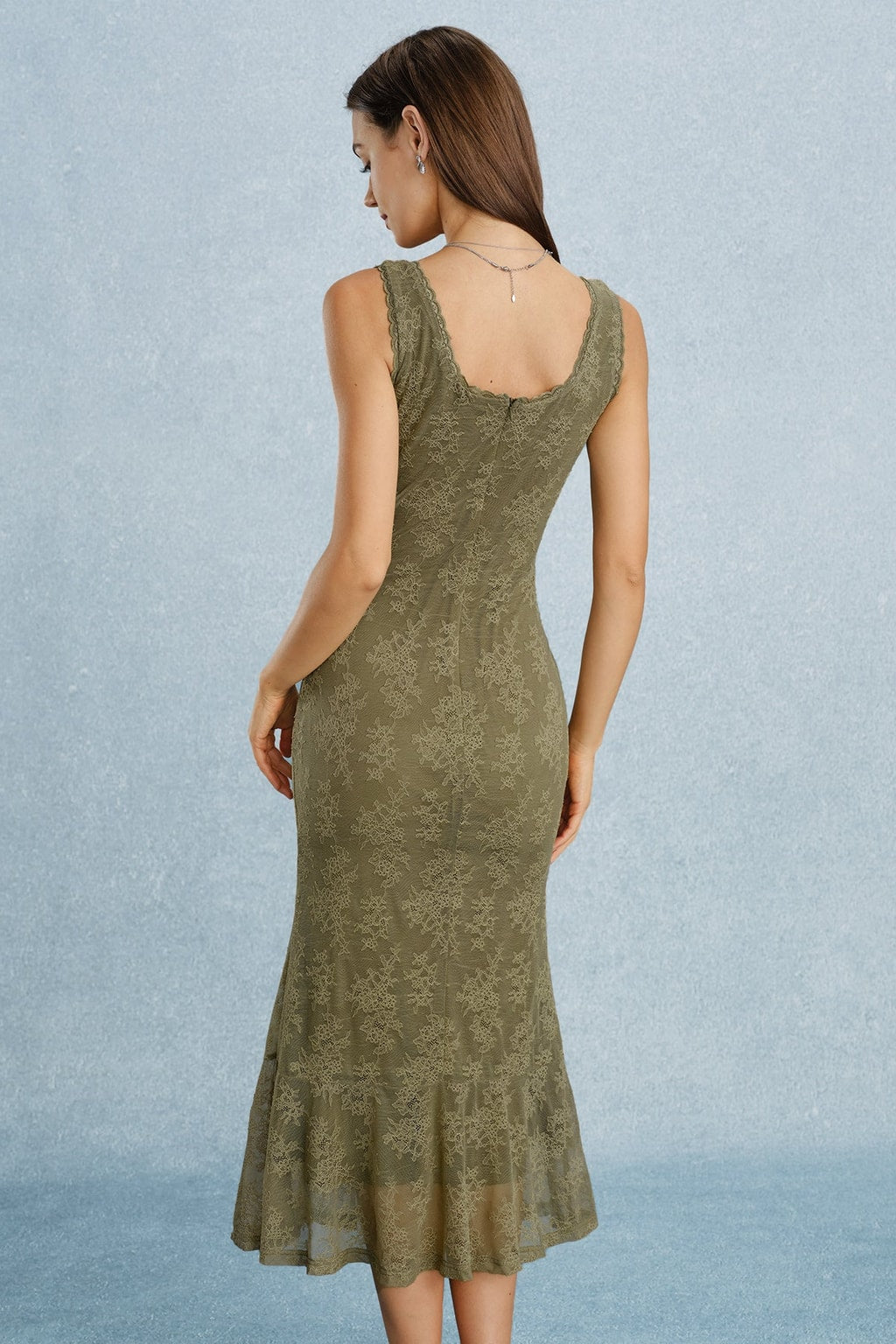 Green Floral Lace Midi Dress Square Neck Sleeveless - 4