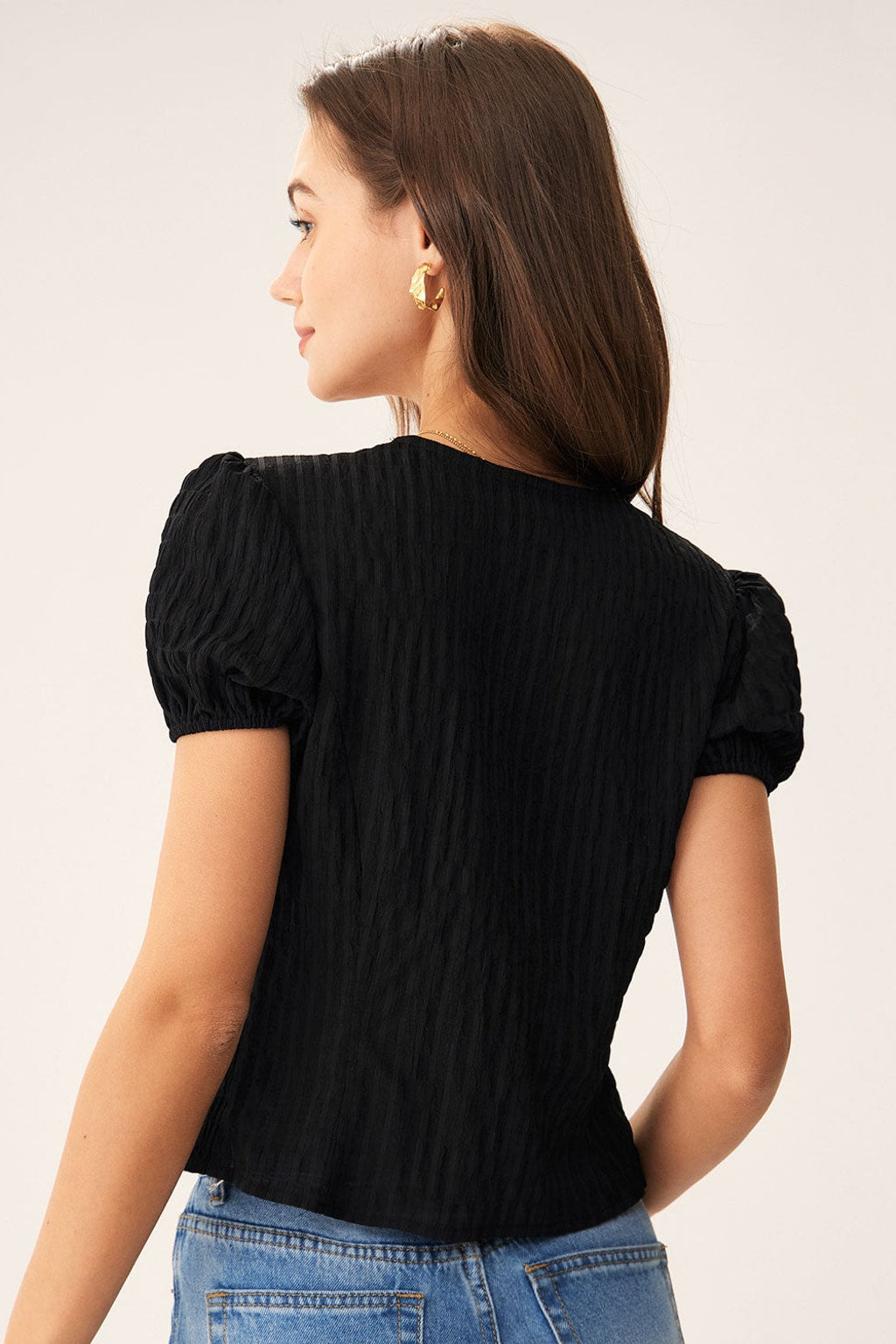 Black Jacquard Lace Blouse Puff Sleeve Button-Front Top - 4