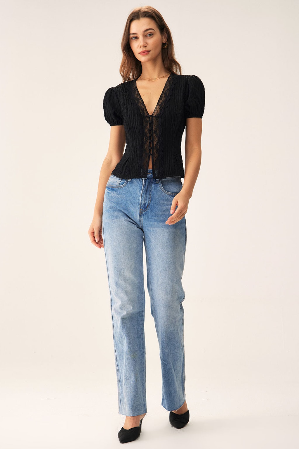 Black Jacquard Lace Blouse Puff Sleeve Button-Front Top - 5