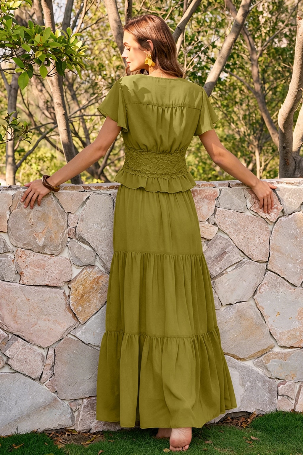 Green V-Neck Ruched Blouse Slim Fit Lace Chiffon Top - 4