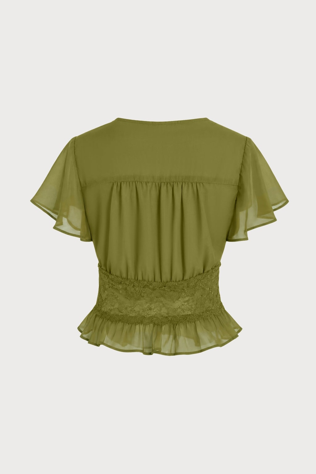 Green V-Neck Ruched Blouse Slim Fit Lace Chiffon Top - 5