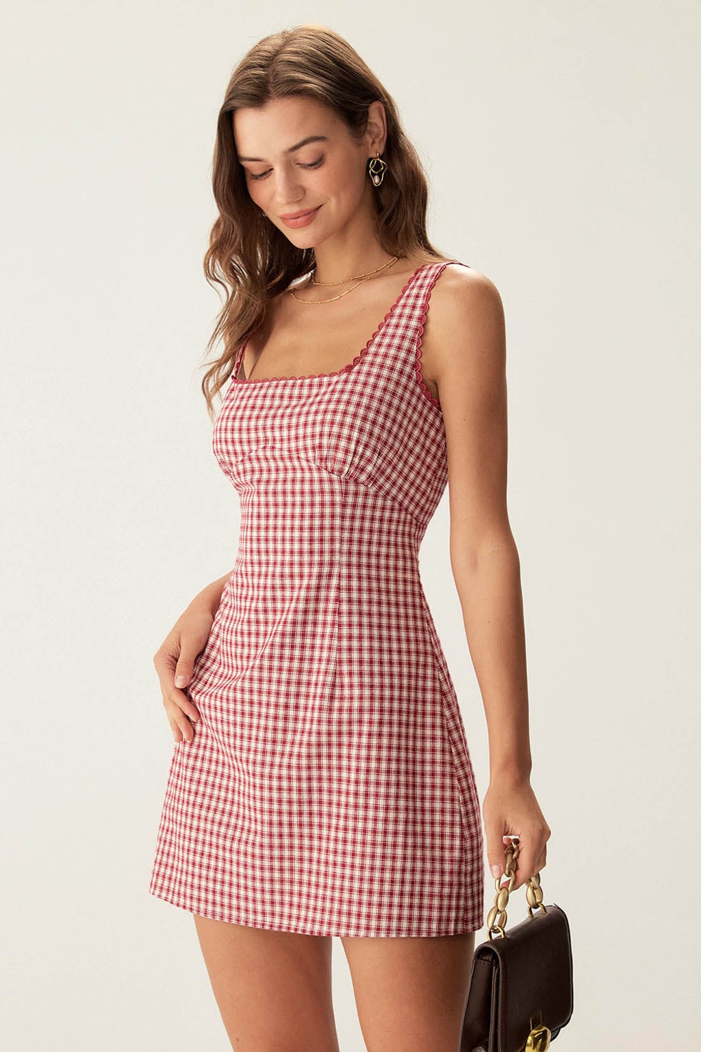 Red Plaid Cotton Mini Dress Square Neck Slip Fit - 2