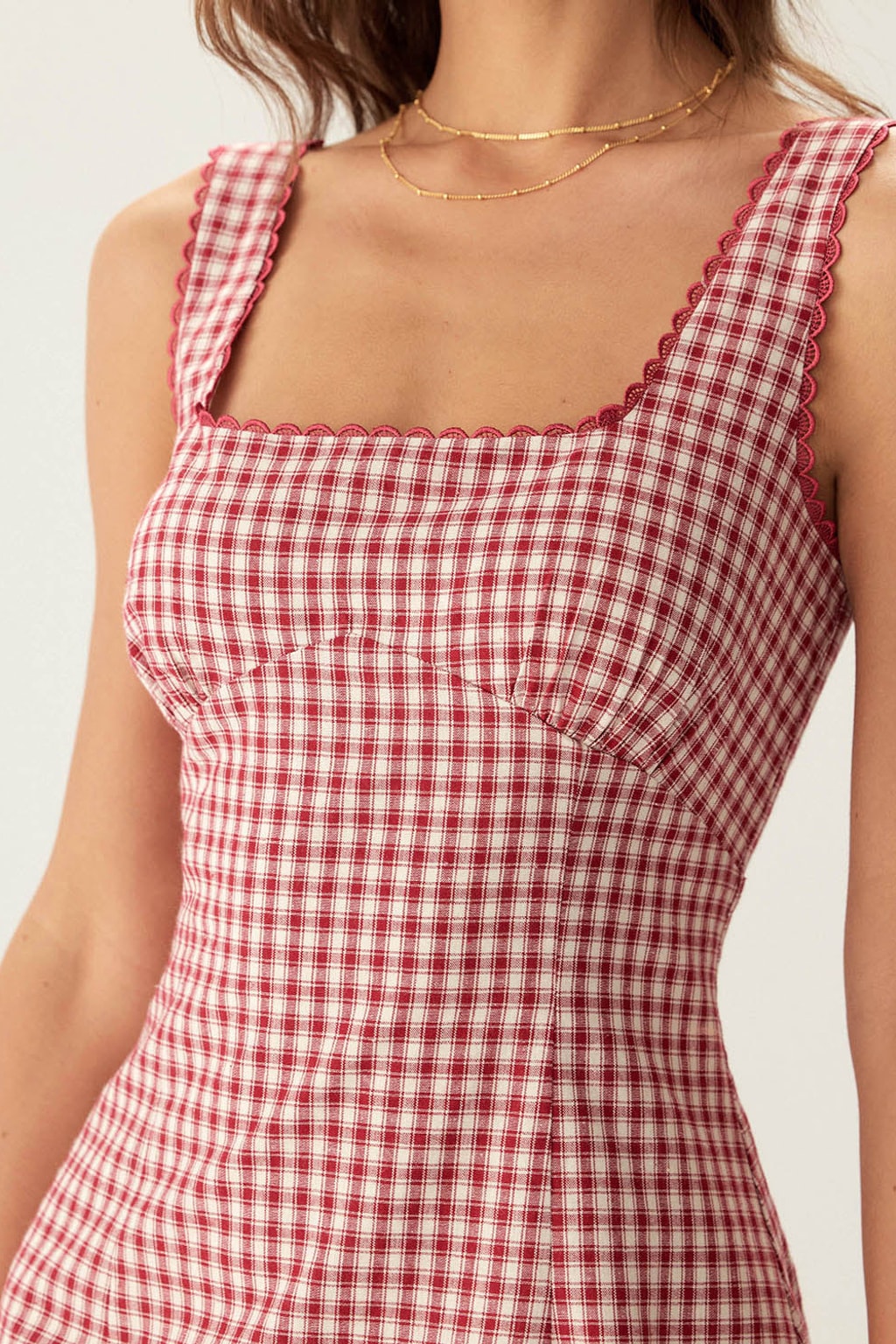Red Plaid Cotton Mini Dress Square Neck Slip Fit - 3