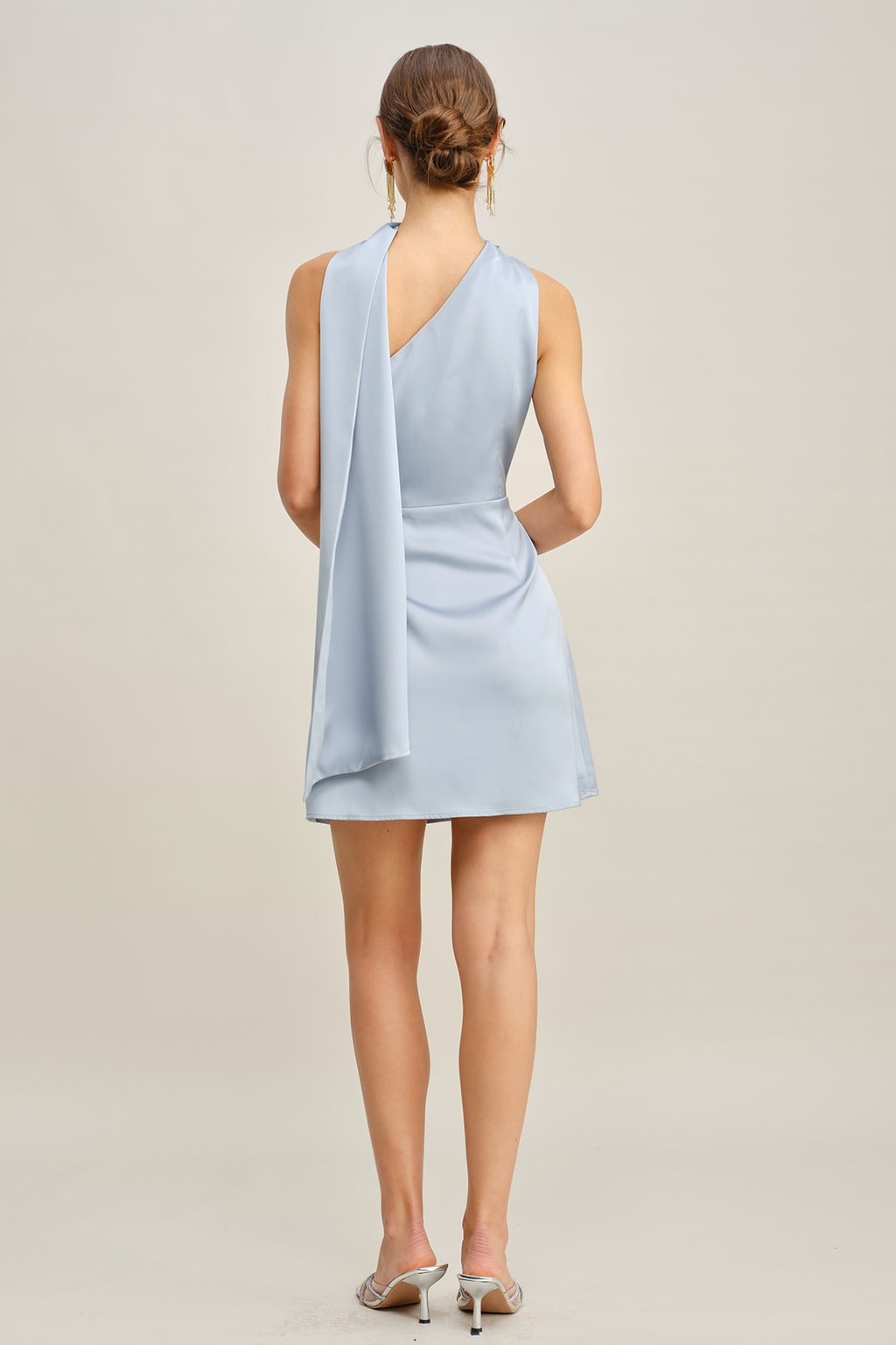 One Shoulder Satin Mini Dress With Ruched Tie Detail - 4