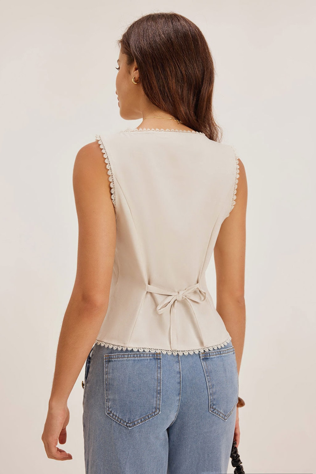 Boat Neck Button Vest Top With Adjustable Tie-Back Waist - 3