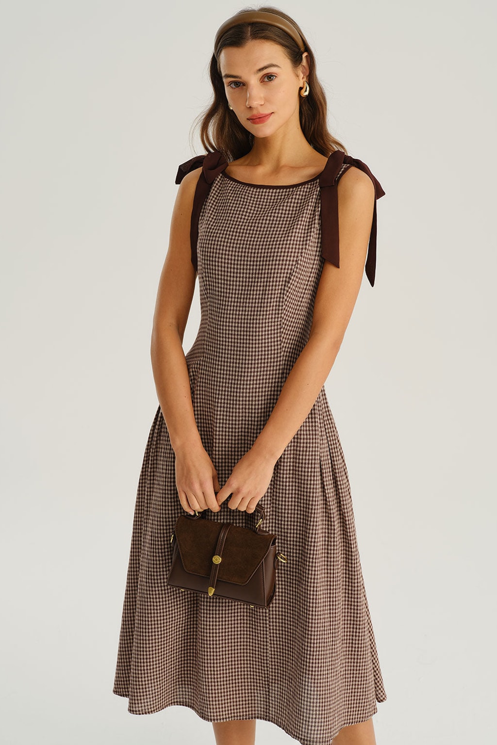 Brown Gingham Check Midi Dress With Tie-Belt Waist - 3