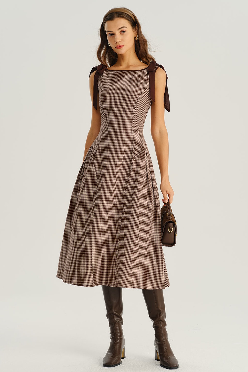 Brown Gingham Check Midi Dress With Tie-Belt Waist - 2