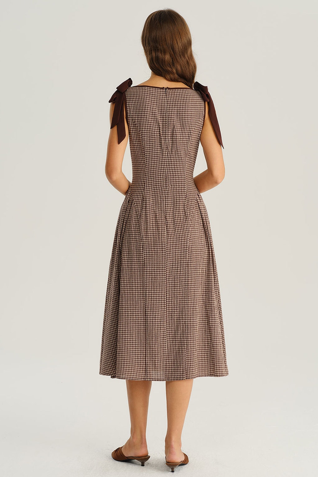 Brown Gingham Check Midi Dress With Tie-Belt Waist - 4