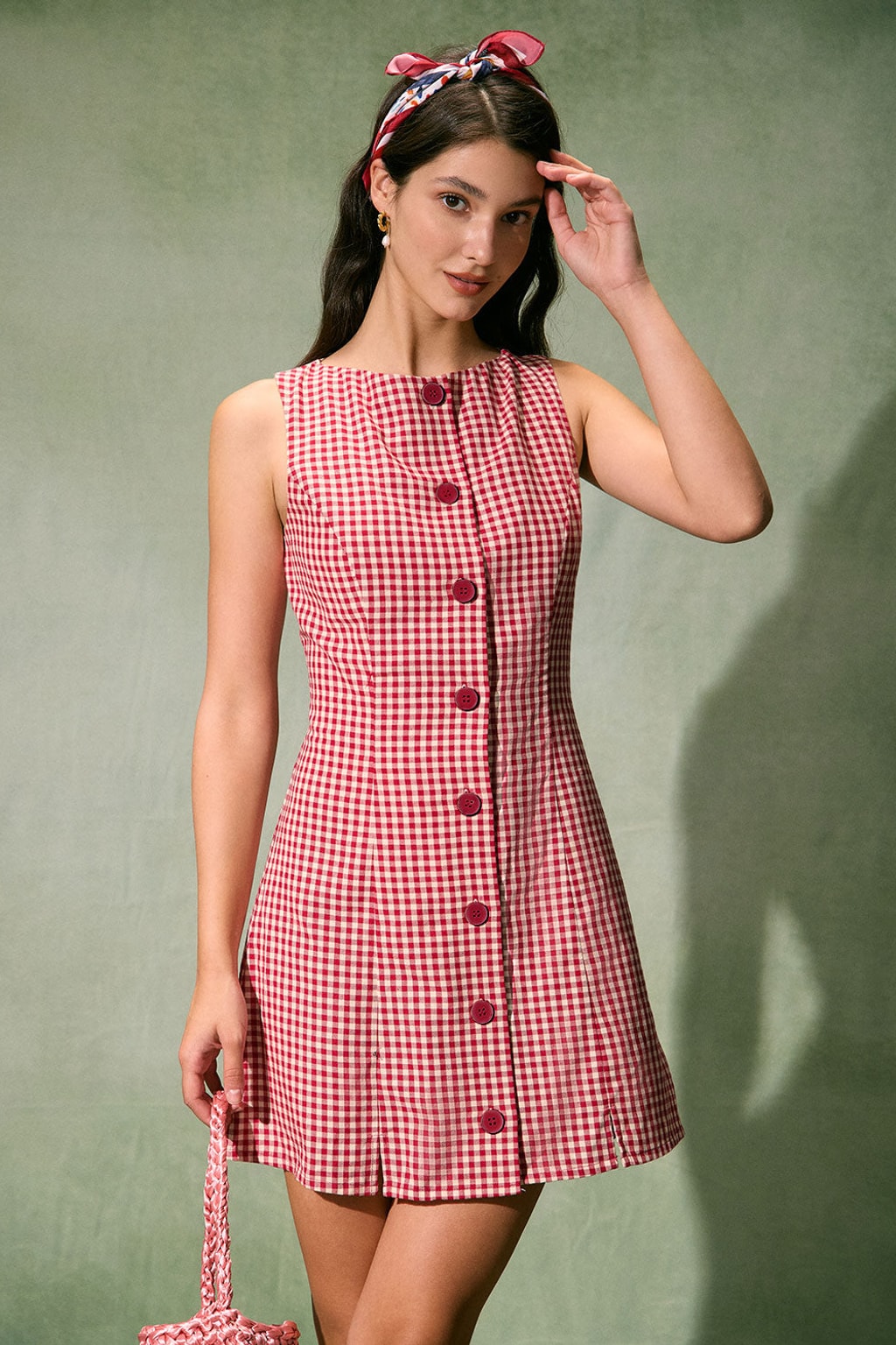 Red Plaid Cotton Boat Neck A-Line Mini Dress - 5