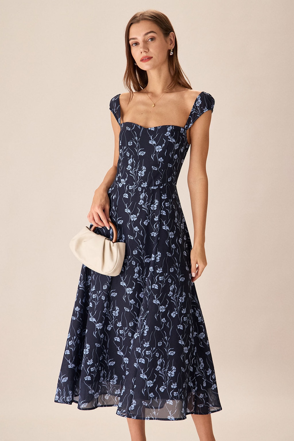 Navy Floral Midi Dress With Flattering Sweetheart Neckline - 2