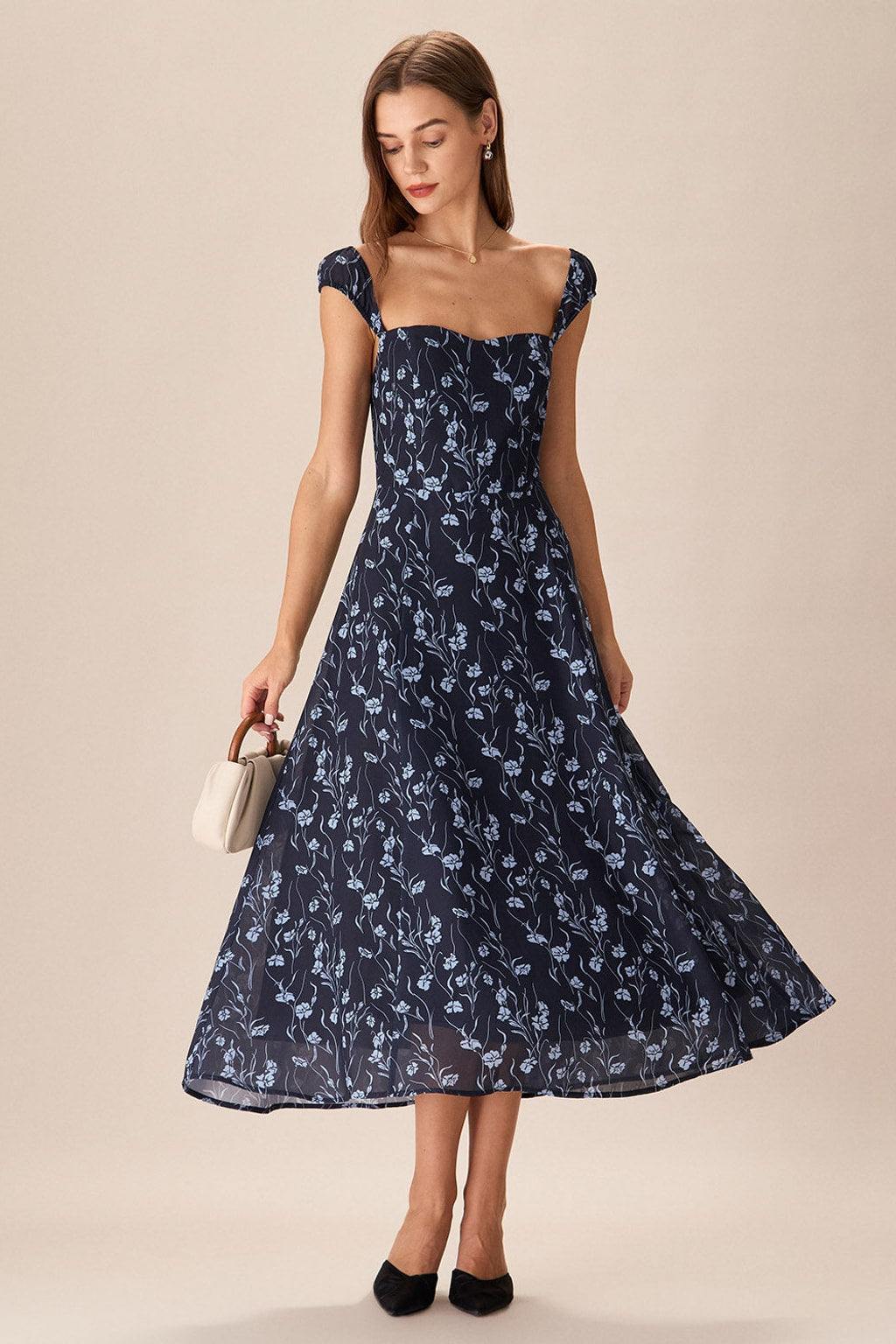 Navy Floral Midi Dress With Flattering Sweetheart Neckline - 5