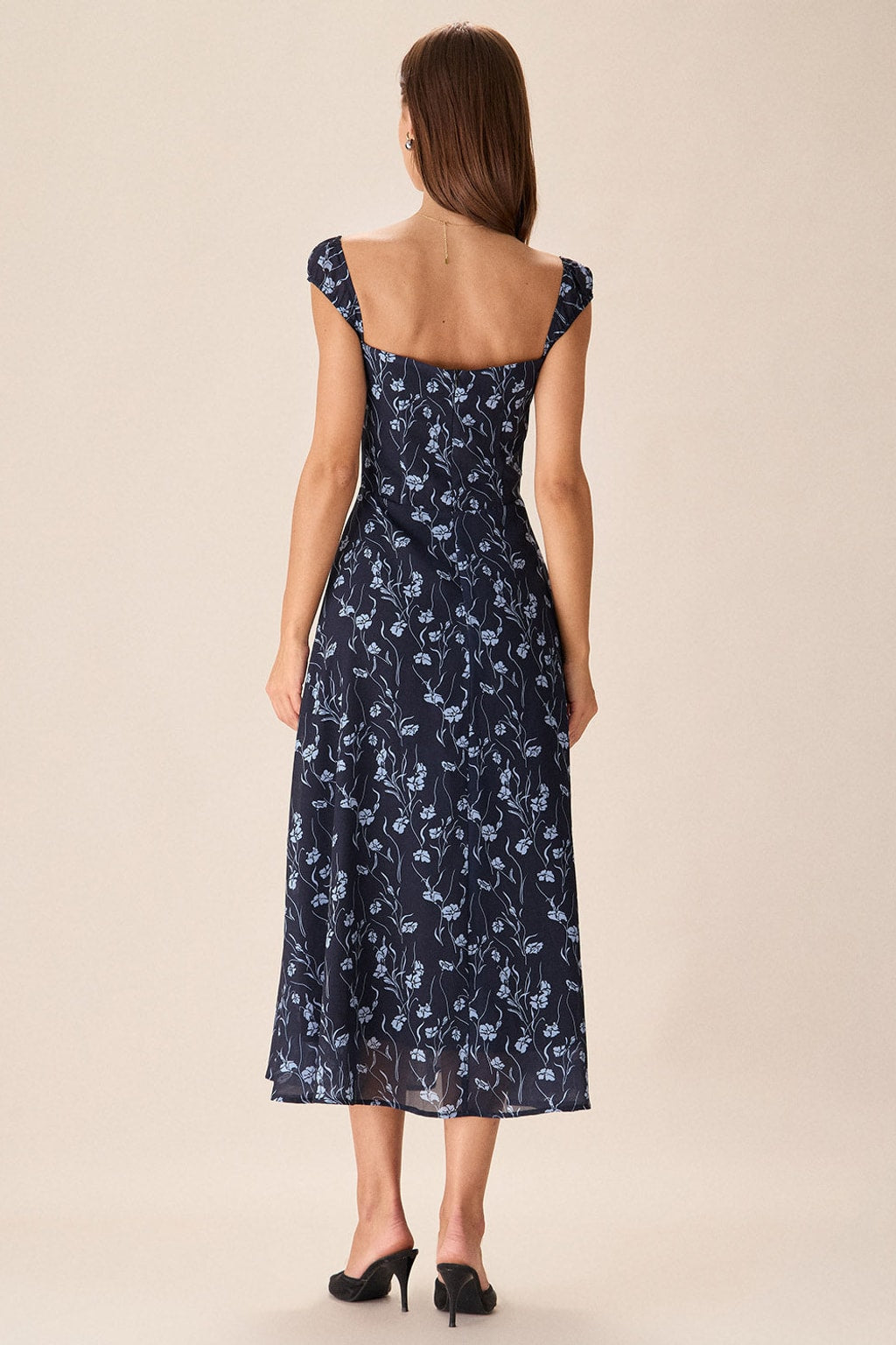 Navy Floral Midi Dress With Flattering Sweetheart Neckline - 4