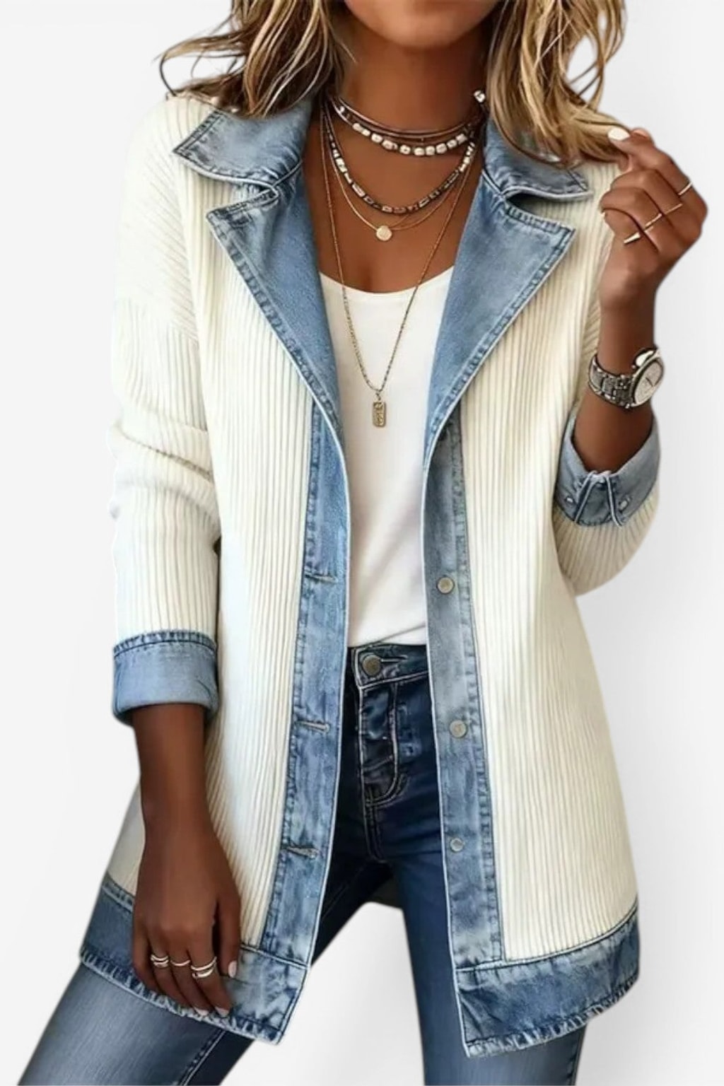 Layered Knit Button Jacket with Denim-Inspired Detail - 2