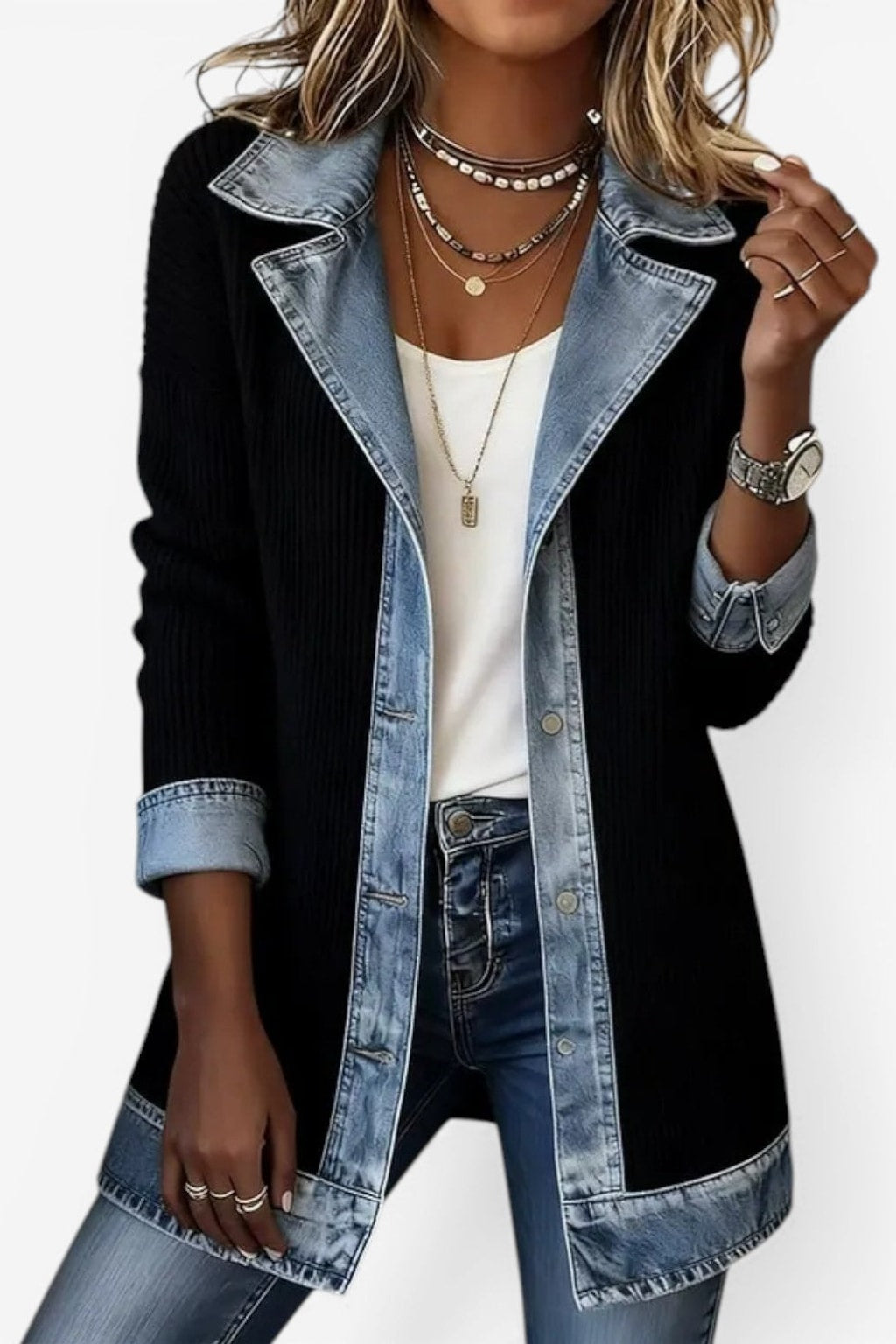 Layered Knit Button Jacket with Denim-Inspired Detail - 3