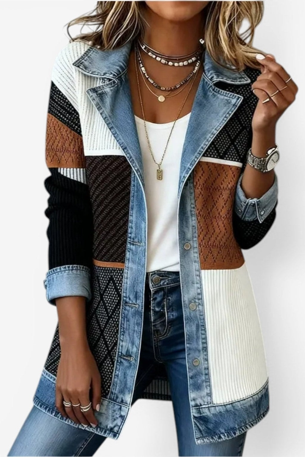 Layered Knit Button Jacket with Denim-Inspired Detail - 4