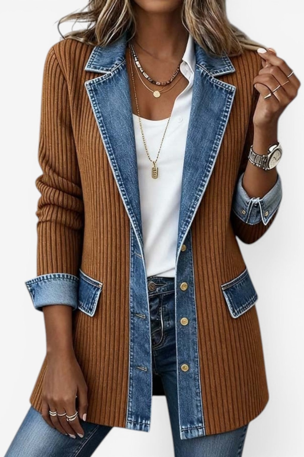 Layered Knit Button Jacket with Denim-Inspired Detail - 5