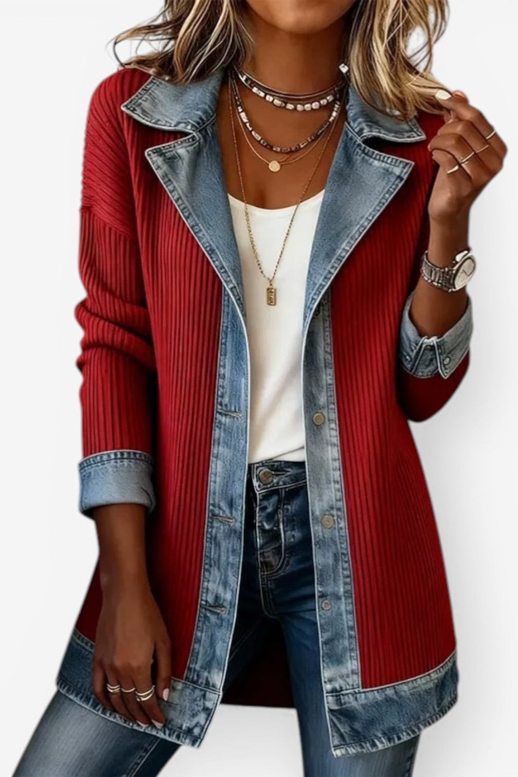 Layered Knit Button Jacket with Denim-Inspired Detail - 6