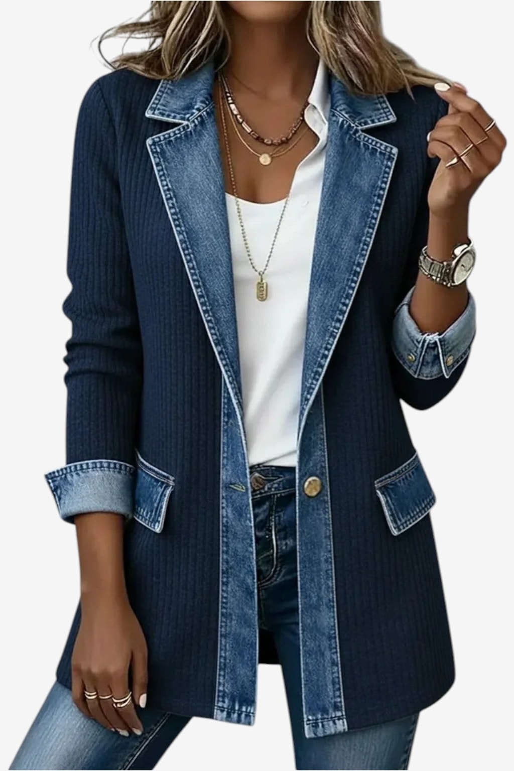 Layered Knit Button Jacket with Denim-Inspired Detail - 7