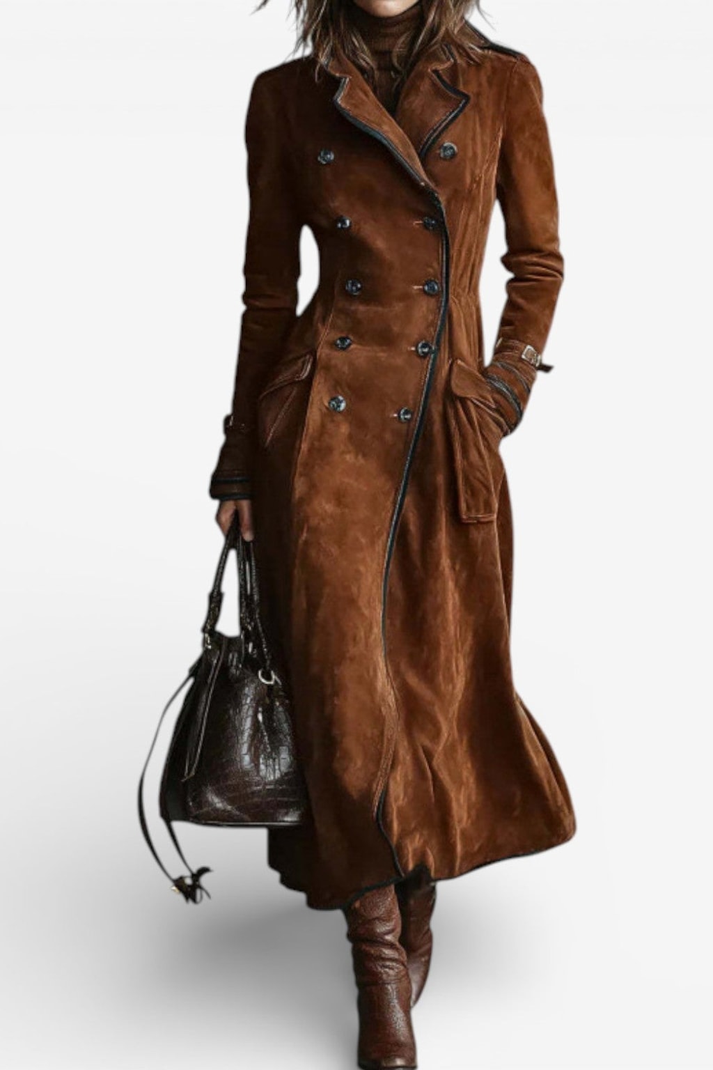 Faux Suede Double Breasted Long Trench Coat - 2