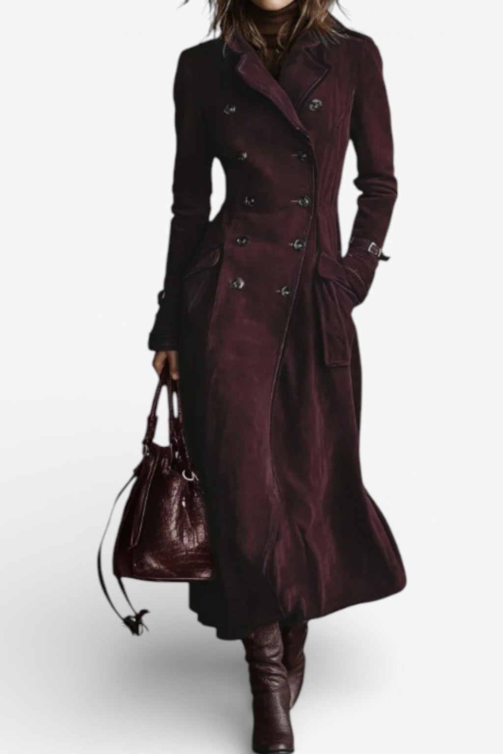 Faux Suede Double Breasted Long Trench Coat - 3