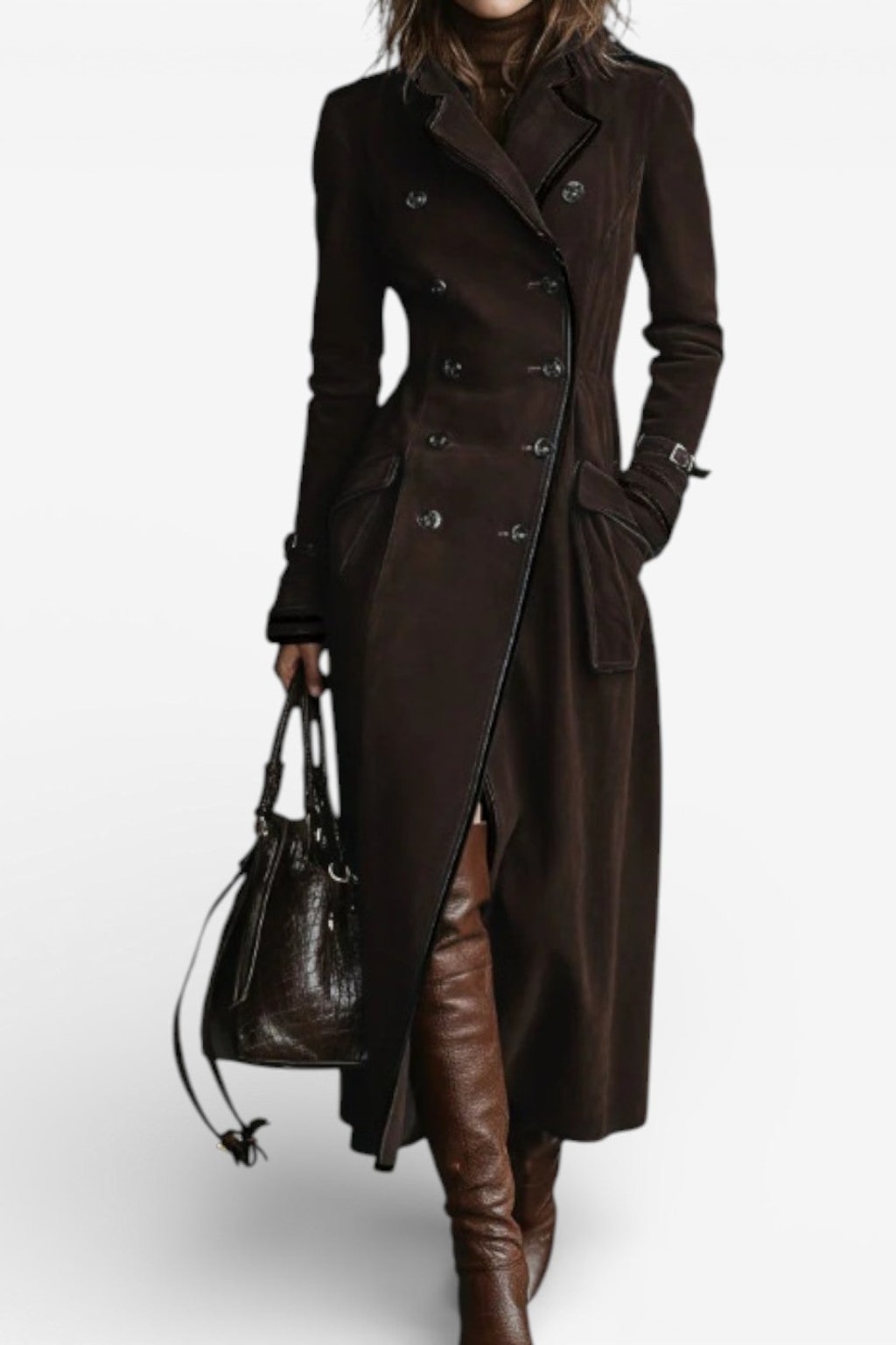 Faux Suede Double Breasted Long Trench Coat - 4