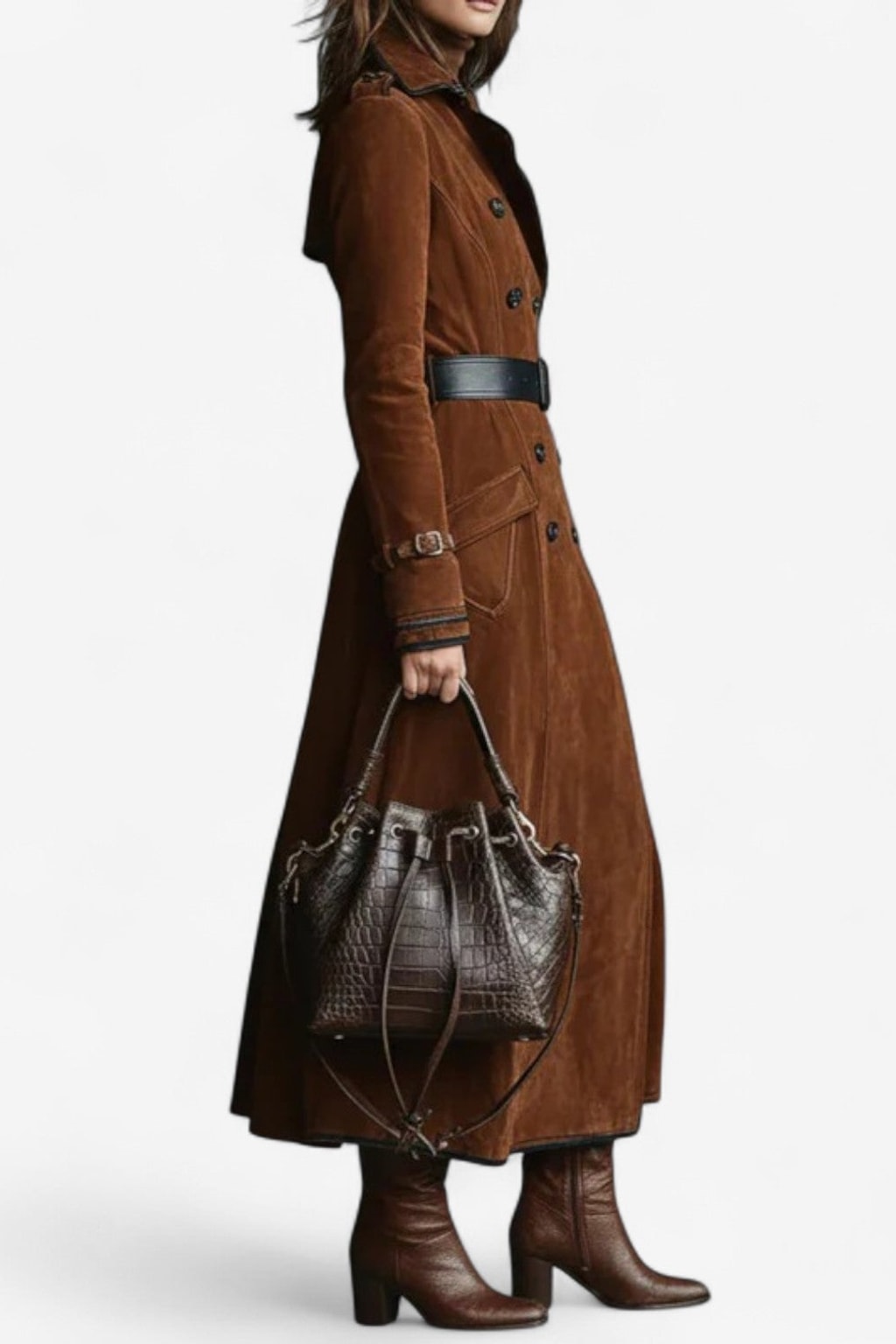 Faux Suede Double Breasted Long Trench Coat - 5